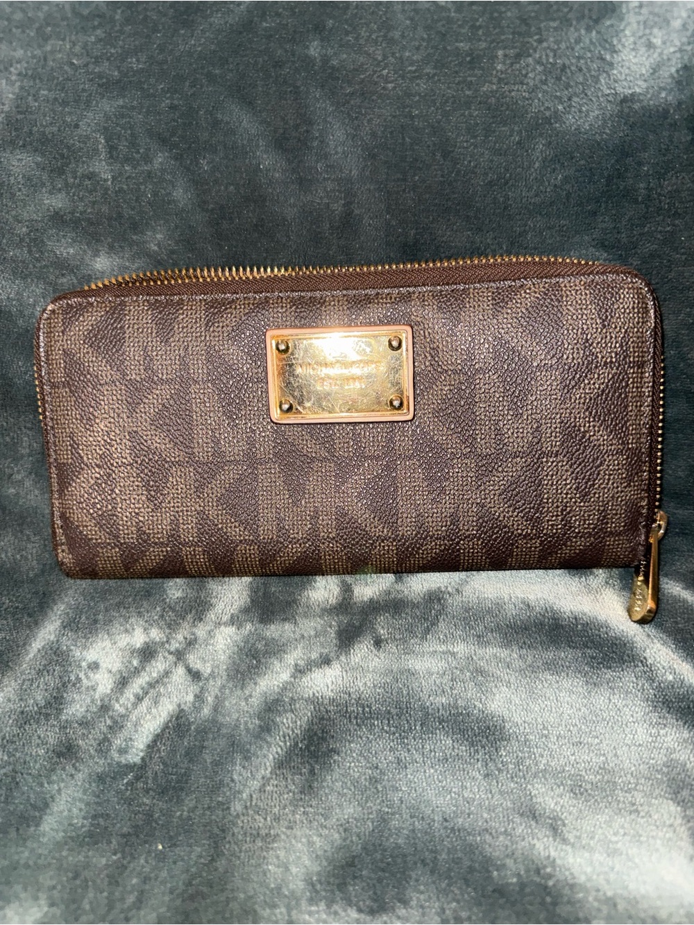 Michael Kors Dark Brown Signature Zip-Around Wallet with Gold Plaque